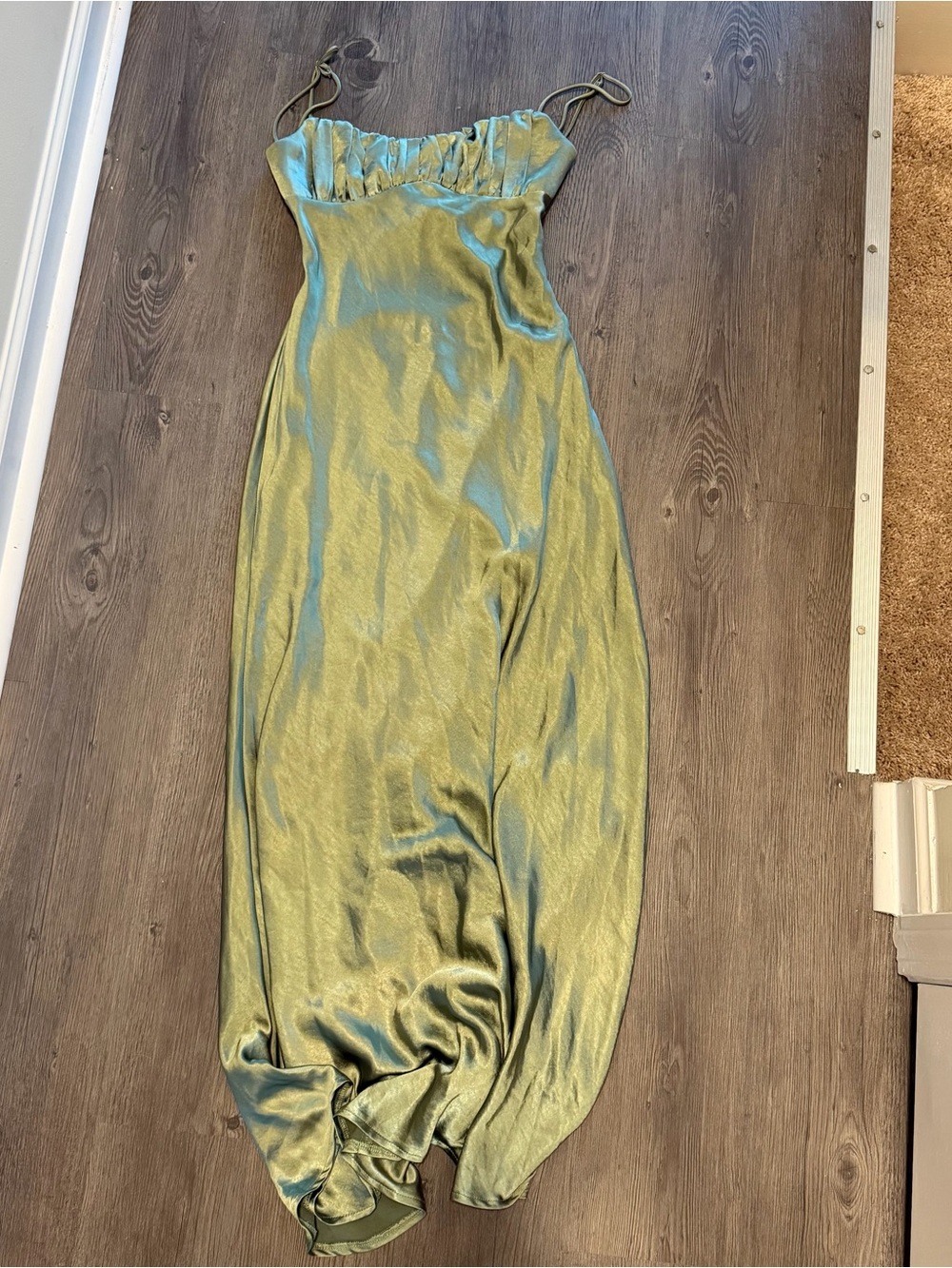 Shimmery Olive Green Satin Midi Slip Dress with Ruched Bust